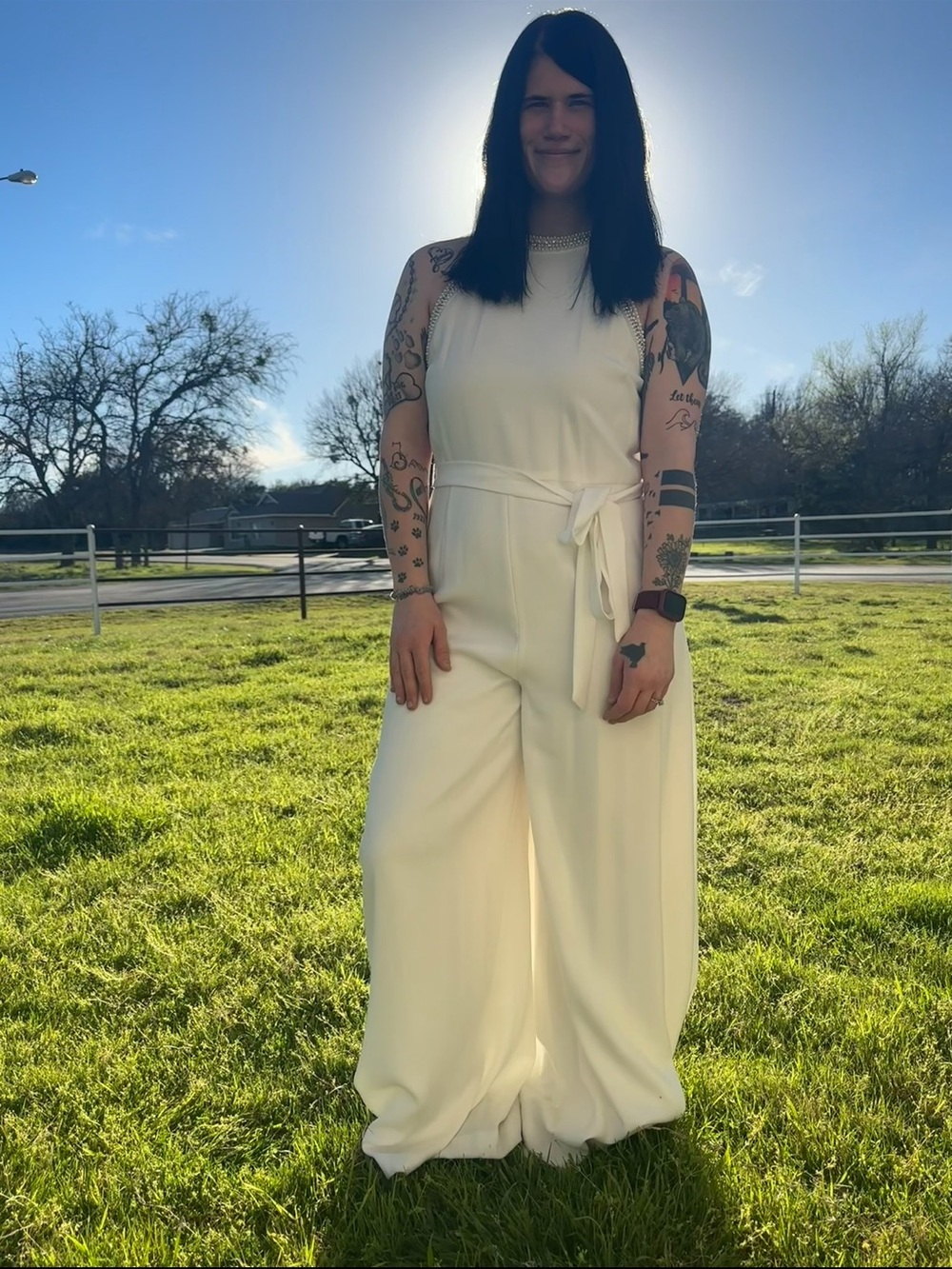 Women's Cream Wide-Leg Jumpsuit with Tie Waist